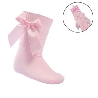 S141-P: Pink Knee Length Socks w/Bow (0-24 Months)